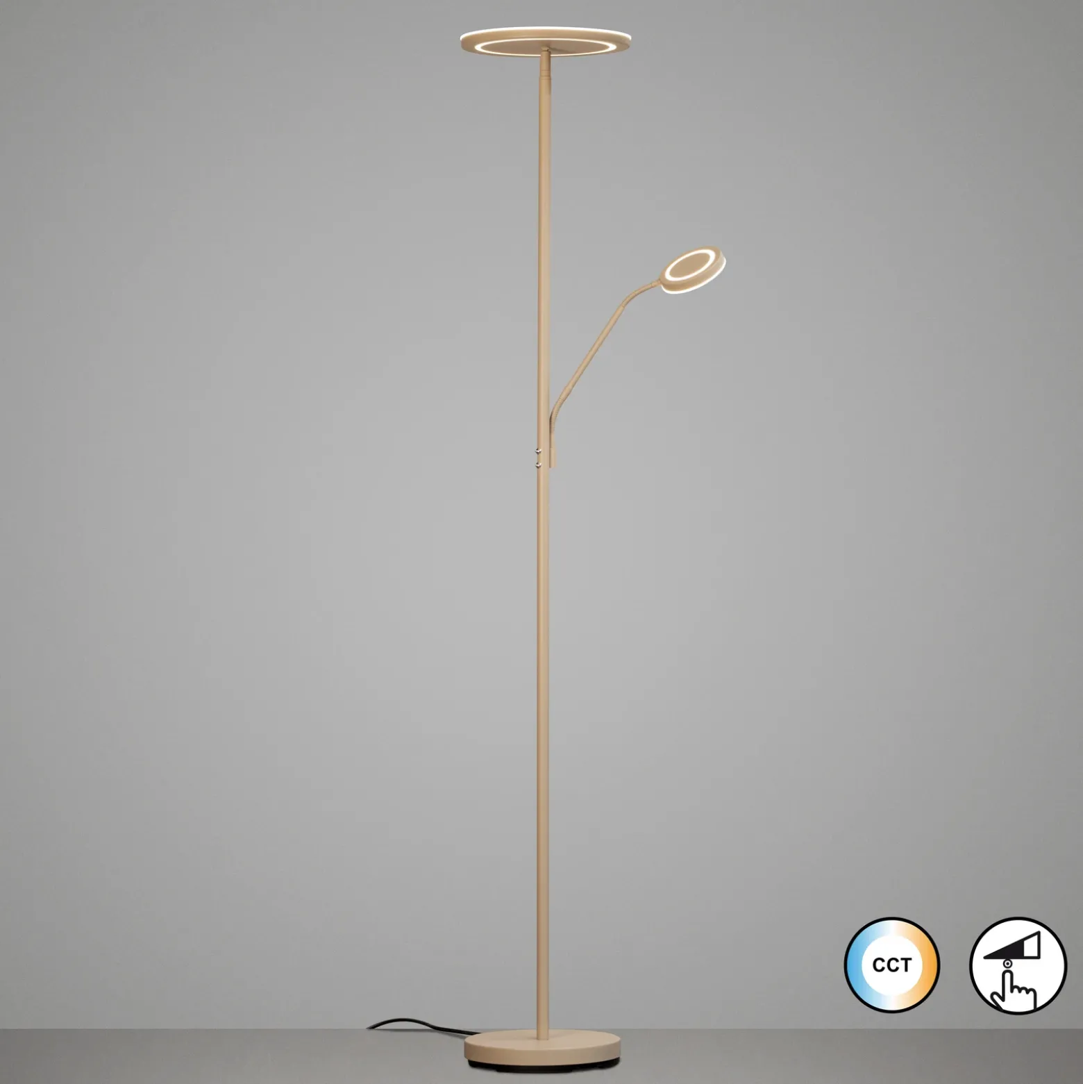 Lámpara de pie LED Sorento, altura 182 cm, brazo de lectura, color arena