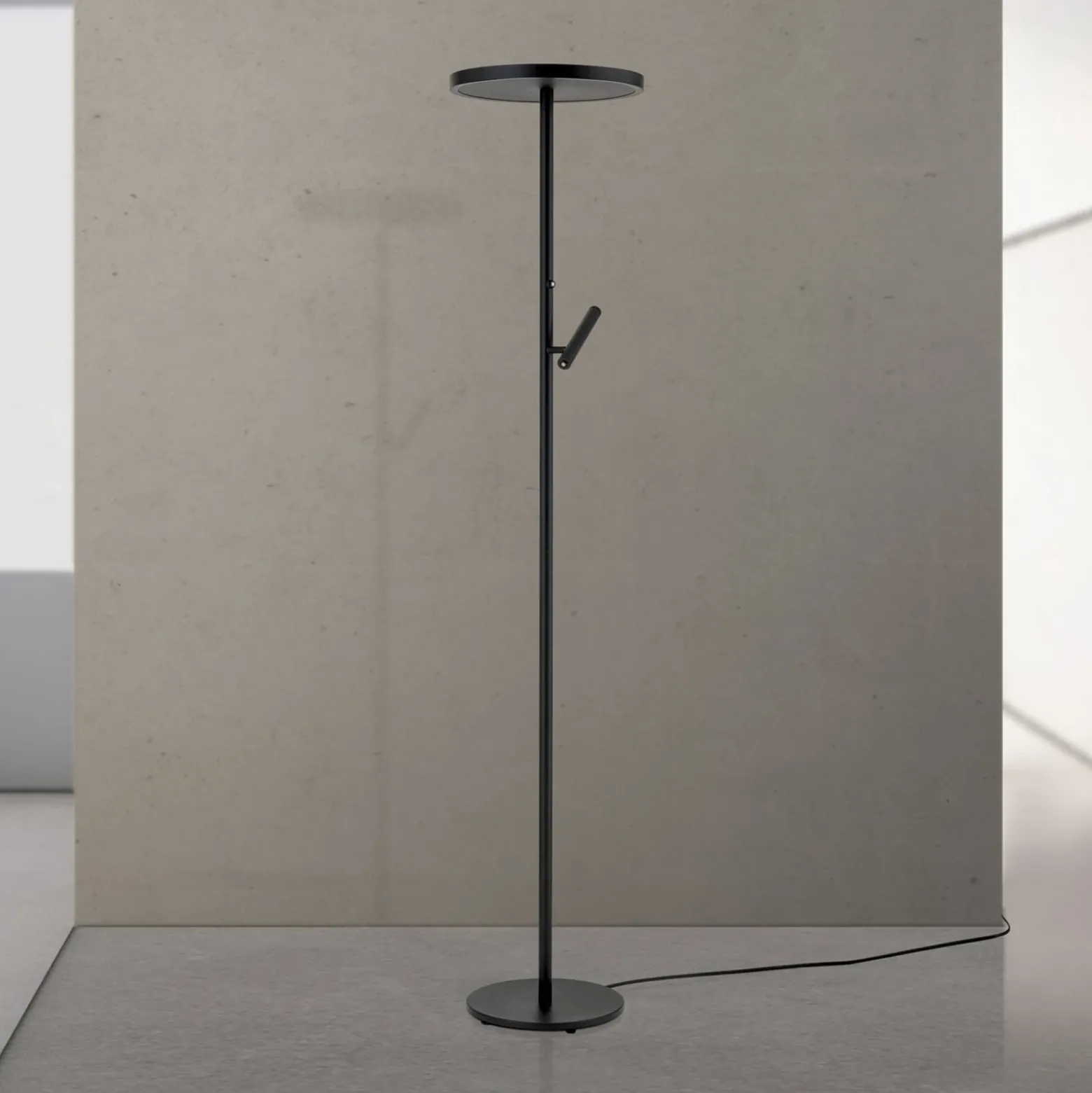 Lámpara de pie LED Teide, negro, metal, lámpara de lectura, atenuador