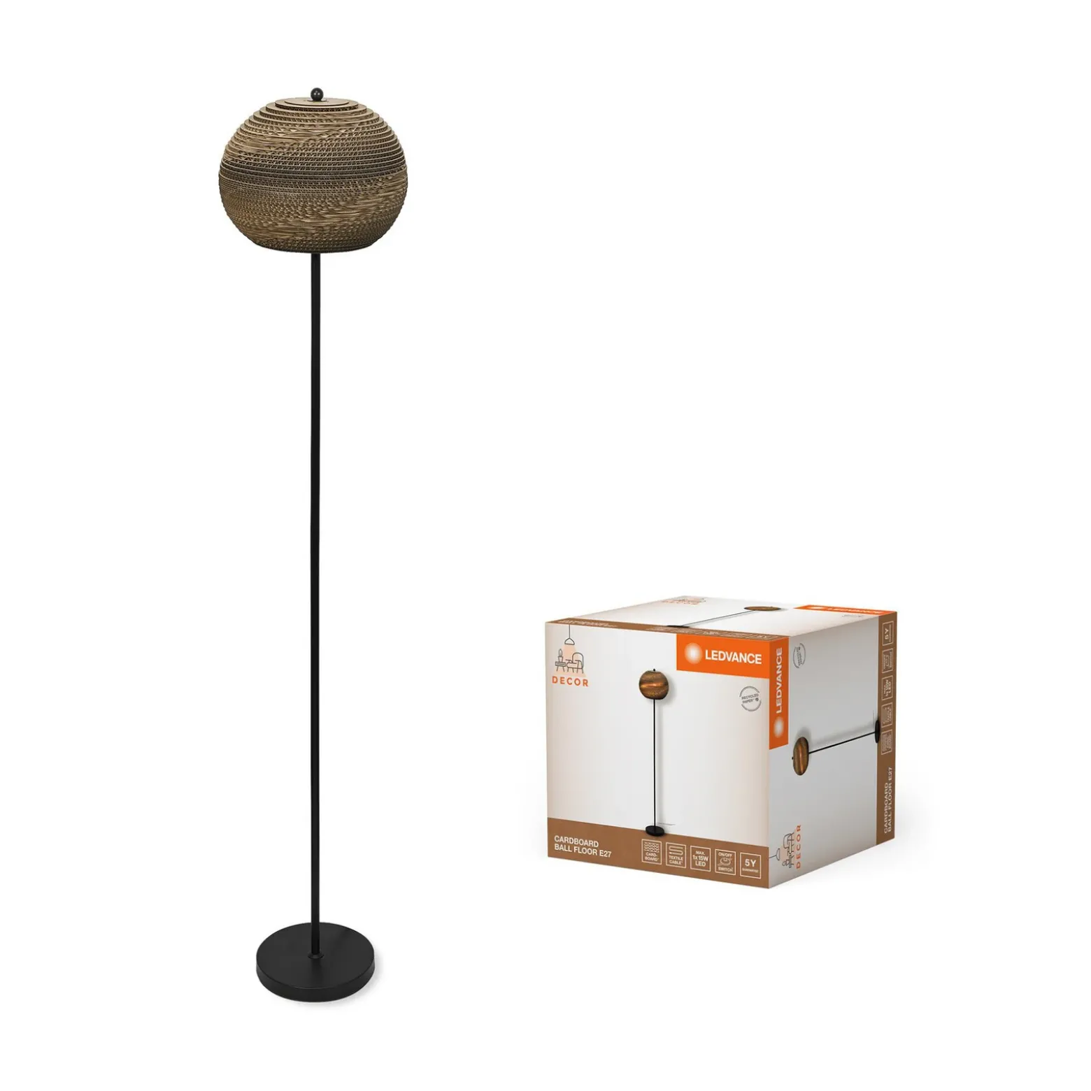 Lámpara de pie LEDVANCE «Ball», altura 116 cm, marrón, cartón ondulado, E27