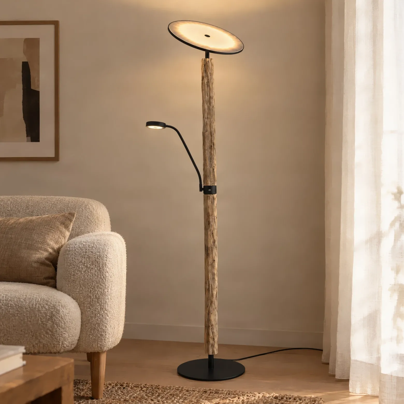 Lámpara de pie LED Woodland de Lucande, 180 cm, madera, brazo de lectura