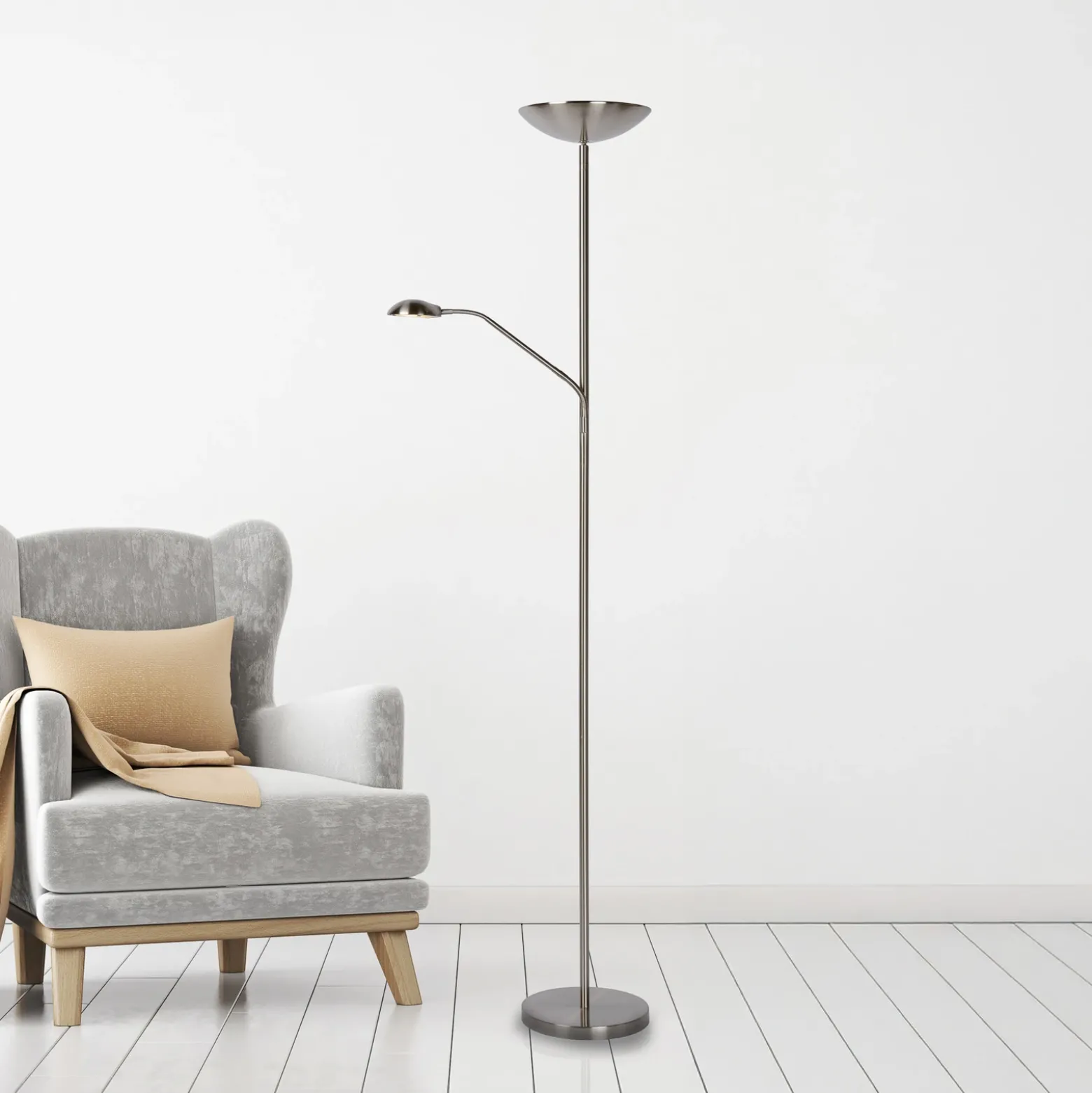 Lámpara de pie LED ZENITH, cromada, 2 luces. Altura: 180 cm. Metal atenuable