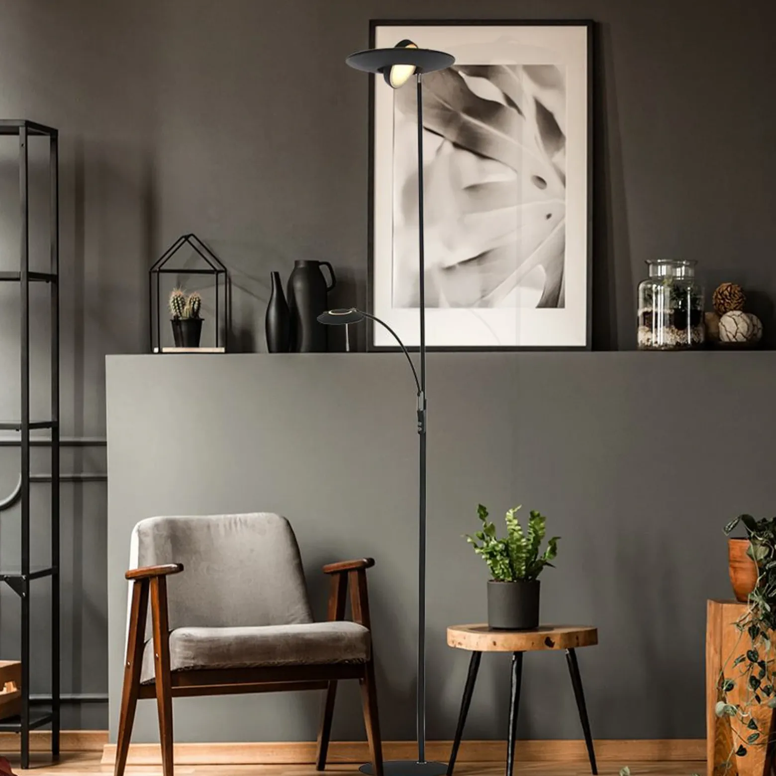 Lámpara de pie LED Zenith, lámpara de lectura LED, CCT, metal, negro