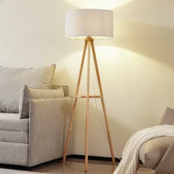 Lámpara de pie Lindby Adamio, Ø 45,5 cm, blanca, textil, trípode
