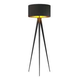 Lámpara de pie Lindby Benik, trípode, textil, negro/oro, 153cm