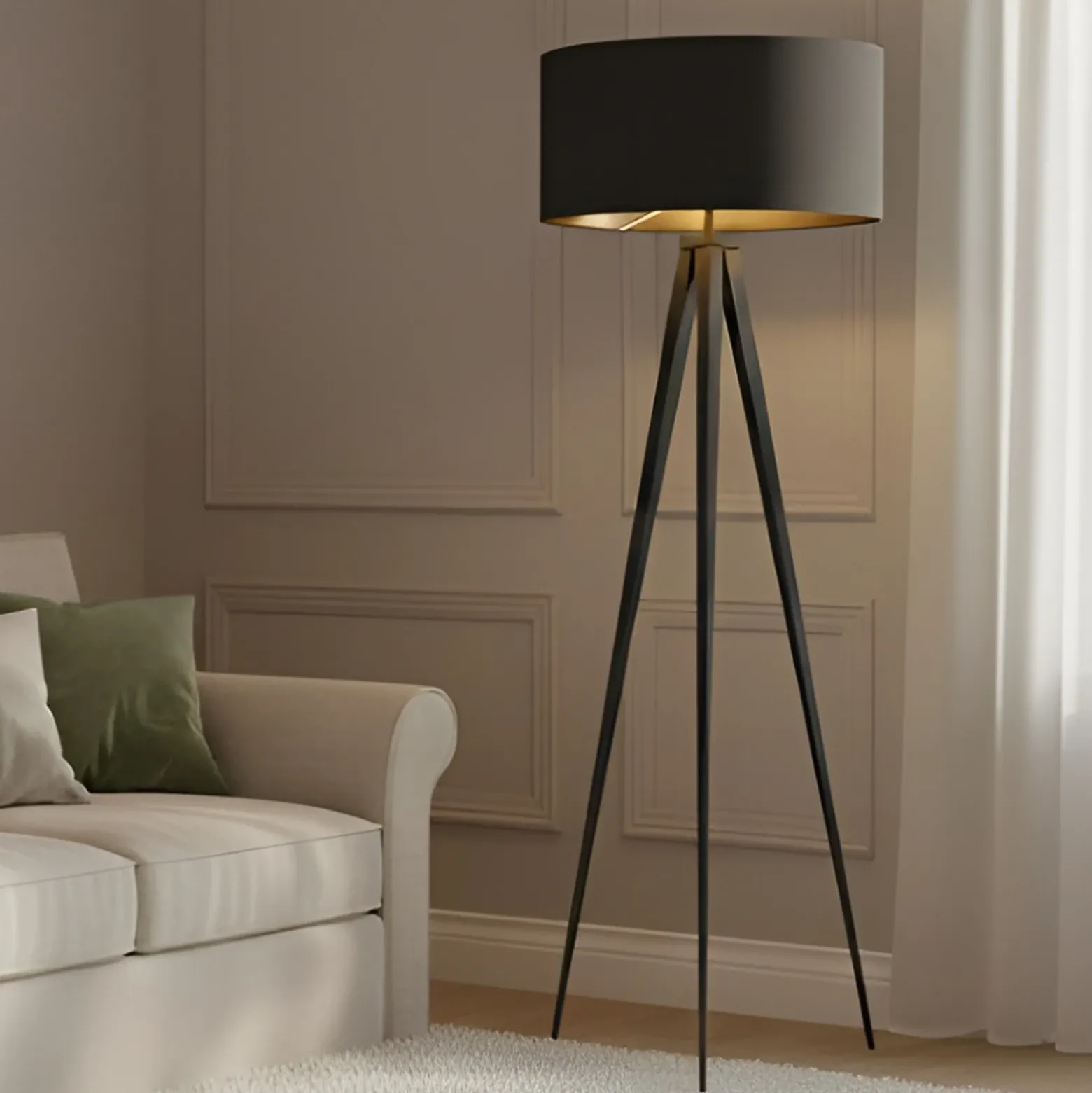 Lámpara de pie Lindby Benik, trípode, textil, negro/oro, 153cm