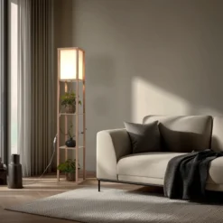 Lámpara de pie Lindby Birta, color madera/blanco, estantería, madera