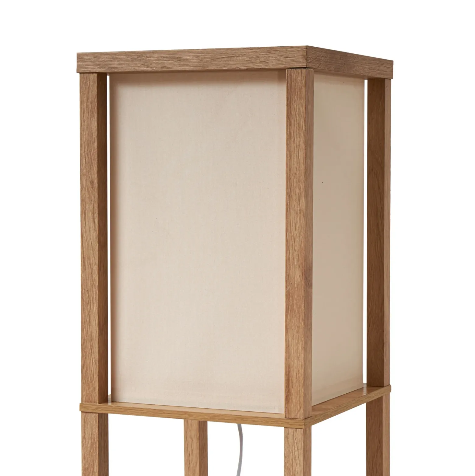 Lámpara de pie Lindby Birta, color madera/blanco, estantería, madera