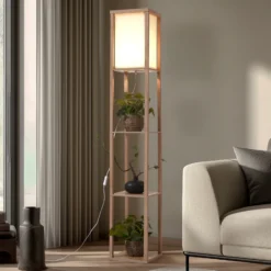 Lámpara de pie Lindby Birta, color madera/blanco, estantería, madera