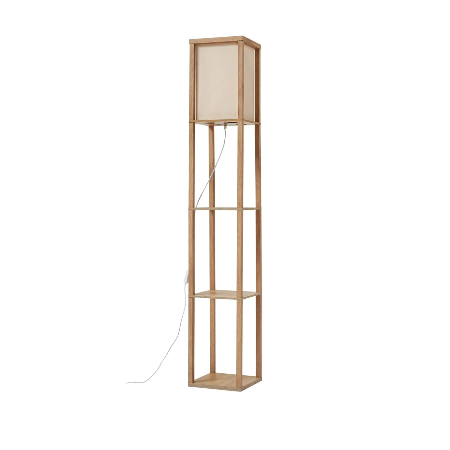Lámpara de pie Lindby Birta, color madera/blanco, estantería, madera