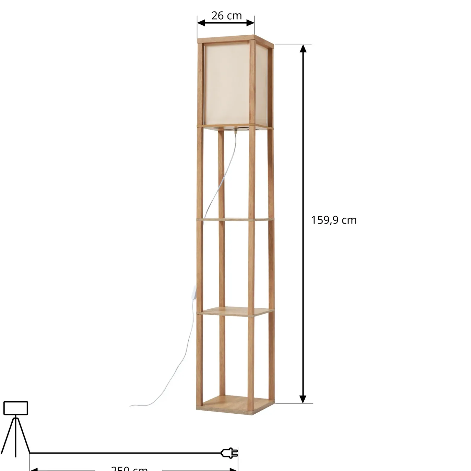 Lámpara de pie Lindby Birta, color madera/blanco, estantería, madera