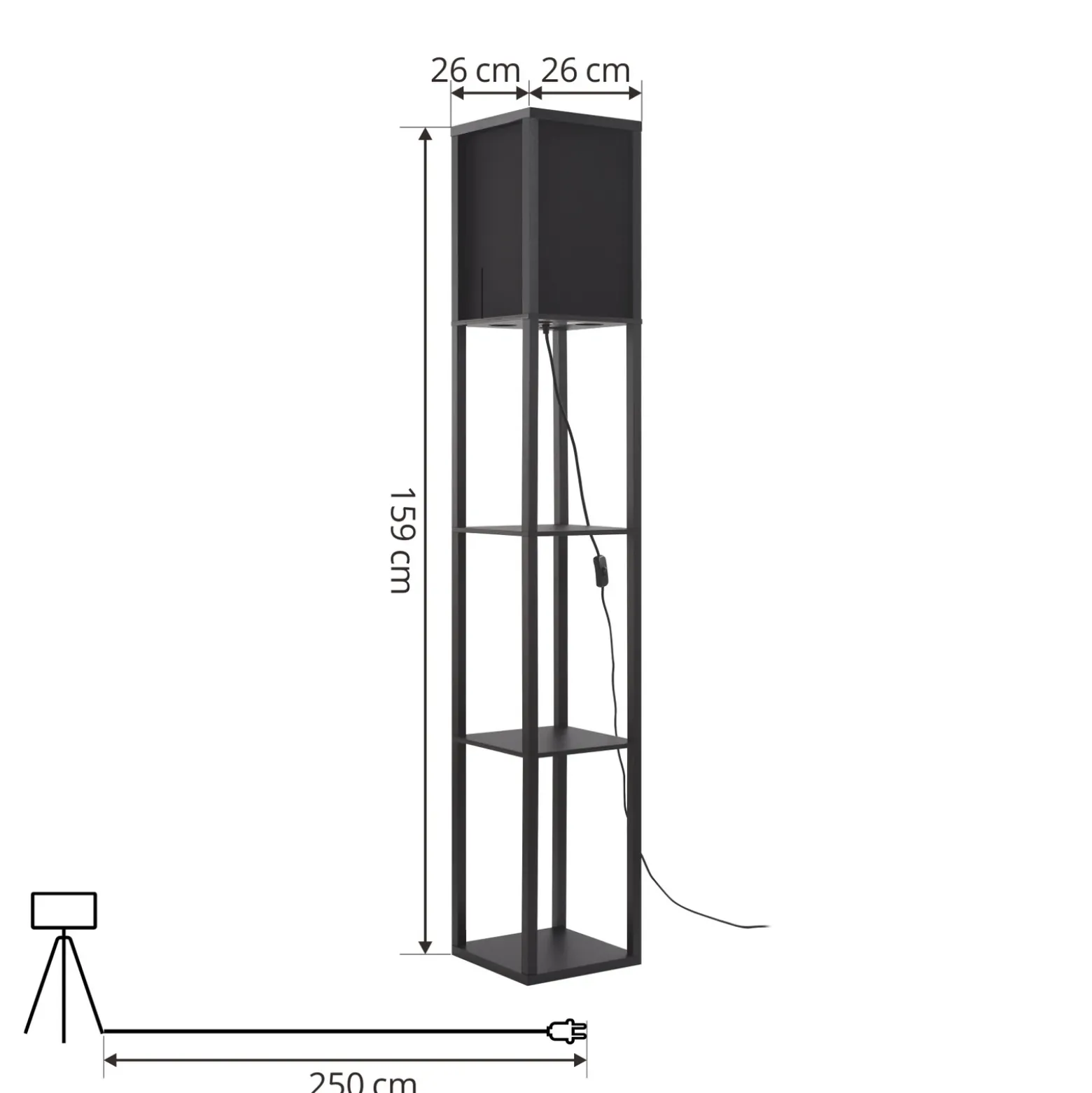 Lámpara de pie Lindby Birta, negra, estantería, madera, 159 cm