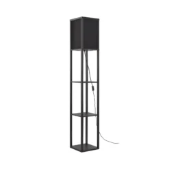 Lámpara de pie Lindby Birta, negra, estantería, madera, 159 cm