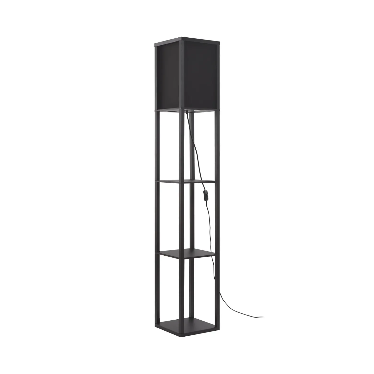 Lámpara de pie Lindby Birta, negra, estantería, madera, 159 cm