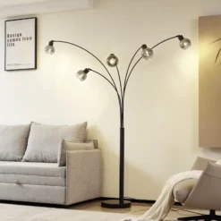 Lámpara de pie Lindby Braccio, gris/negro, cristal, 5 luces, 204,5 cm