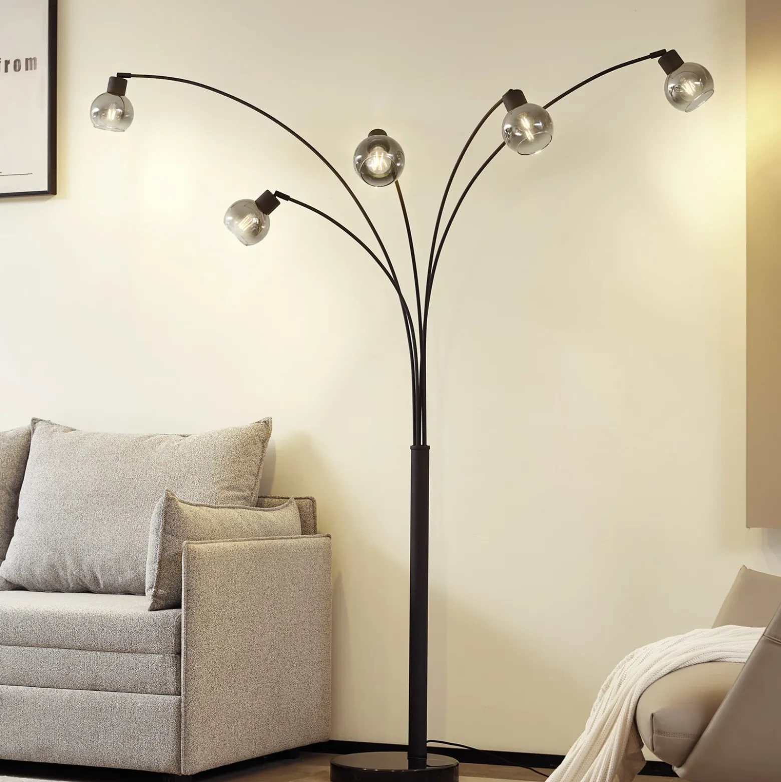Lámpara de pie Lindby Braccio, gris/negro, cristal, 5 luces, 204,5 cm