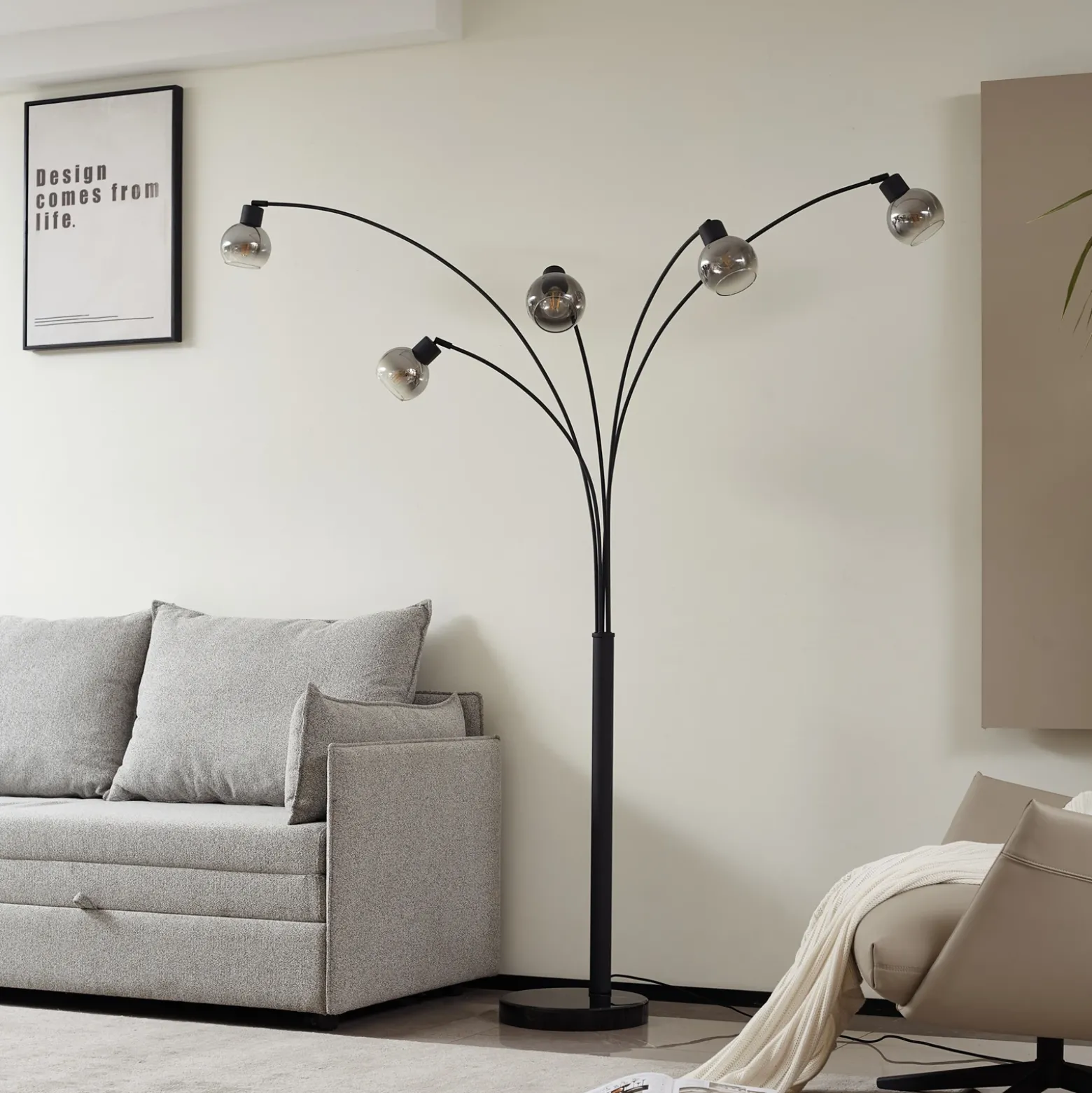 Lámpara de pie Lindby Braccio, gris/negro, cristal, 5 luces, 204,5 cm