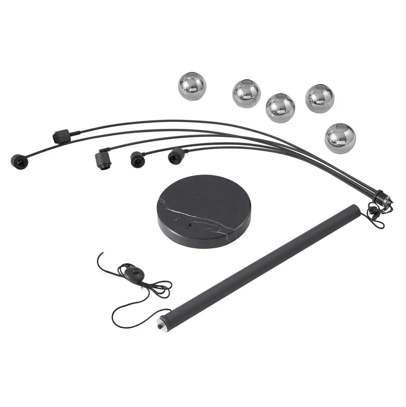 Lámpara de pie Lindby Braccio, gris/negro, cristal, 5 luces, 204,5 cm