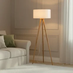Lámpara de pie Lindby Charlia, blanca, madera, altura 150cm
