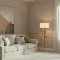 Lámpara de pie Lindby Charlia, blanca, madera, altura 150cm