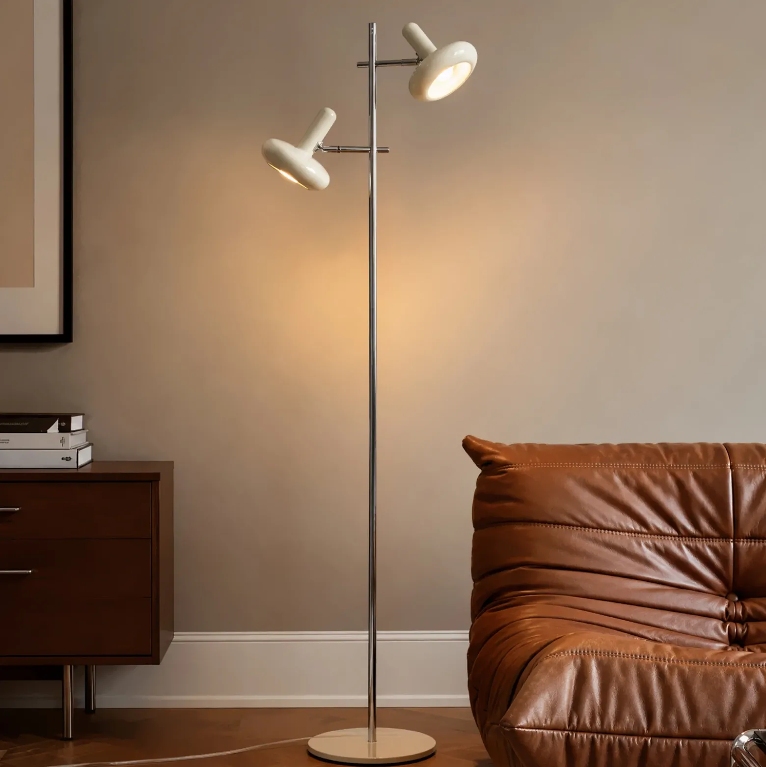 Lámpara de pie Lindby Dylan, 2 luces, cromada/beige, 150 cm, E14