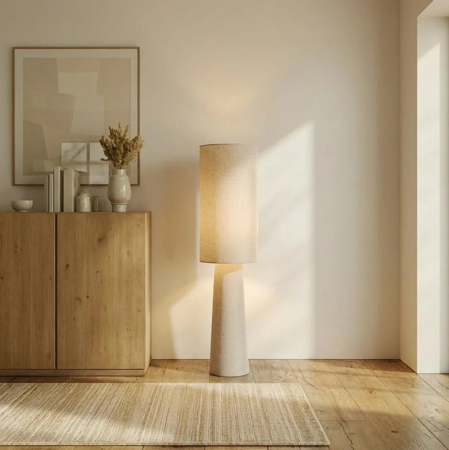 Lámpara de pie Lindby Elfie, altura 124 cm, beige, lino, 2x E27