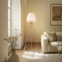 Lámpara de pie Lindby Helin, beige, textil, trípode, 144 cm, E27