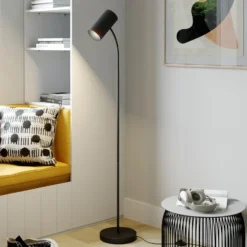 Lámpara de pie Lindby Karoli, negra, 156 cm, metal, brazo flexible