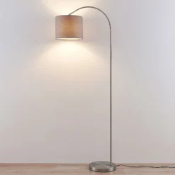 Lámpara de pie Lindby Keriba, níquel/gris, tela, 150 cm, E27