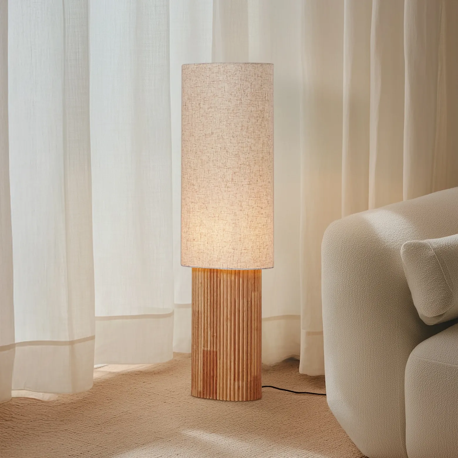 Lámpara de pie Lindby Kimiko, altura 100 cm, madera, textil, E27