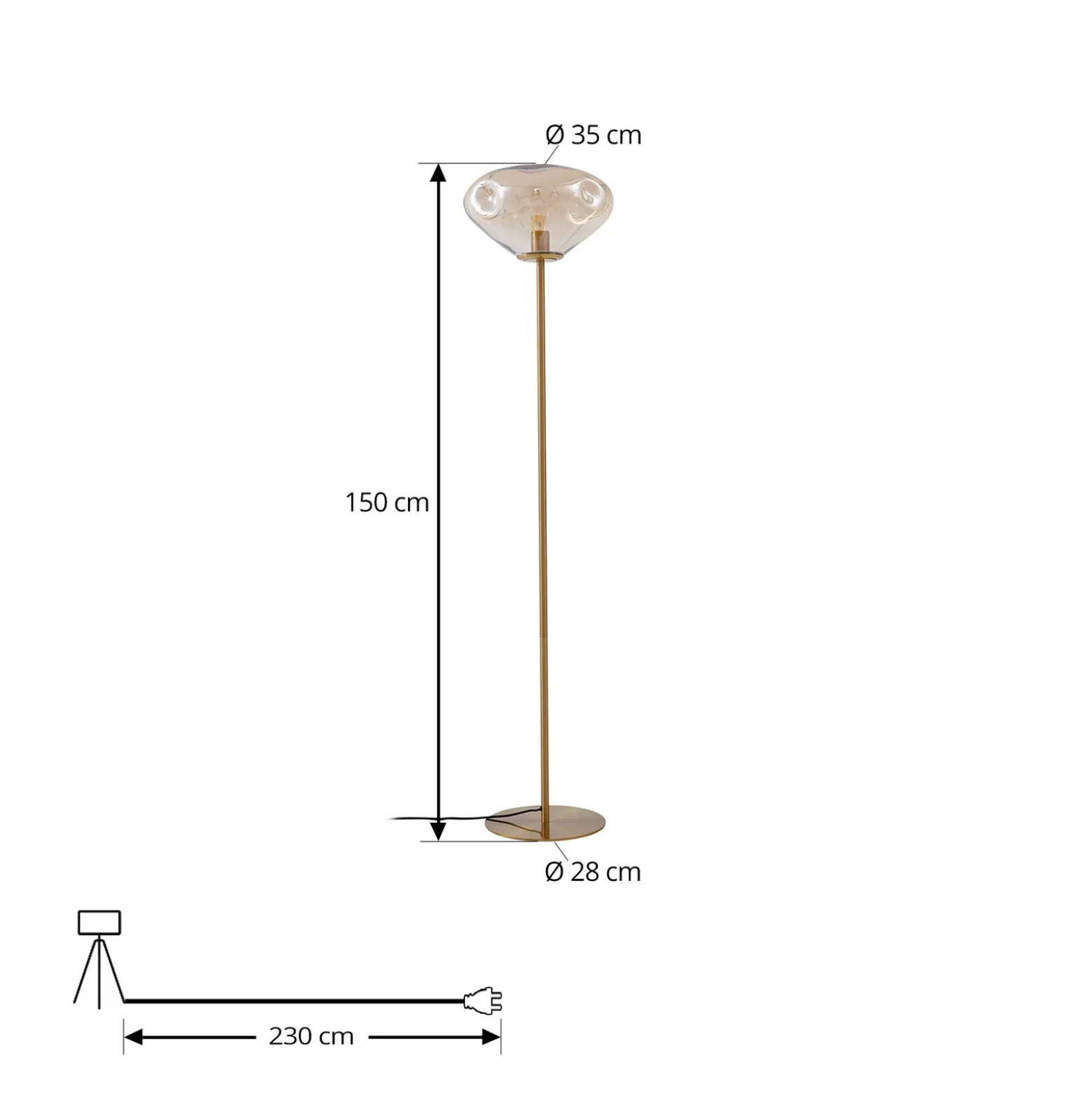 Lámpara de pie Lindby Lelia, ámbar, cristal, metal, 150 cm