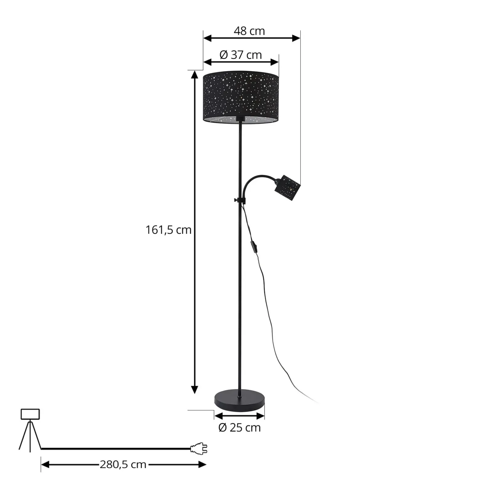 Lámpara de pie Lindby Melanie, negra, tela, Ø 36 cm, 2 luces.