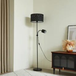 Lámpara de pie Lindby Melanie, negra, tela, Ø 36 cm, 2 luces.