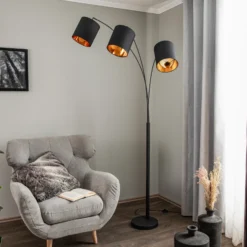 Lámpara de pie Lindby Nanika, 3 luces, negro/dorado, 200 cm, E27