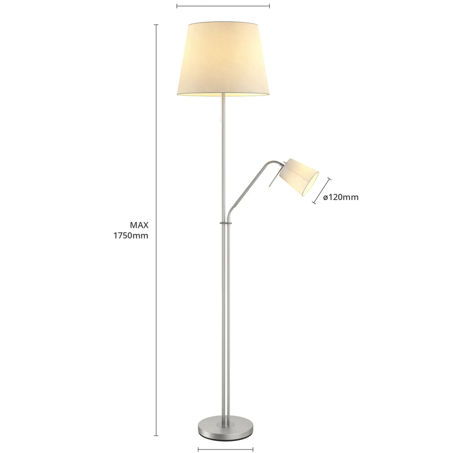 Lámpara de pie Lindby Nantwin, 175 cm, blanca, níquel, textil