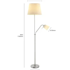 Lámpara de pie Lindby Nantwin, 175 cm, blanca, níquel, textil