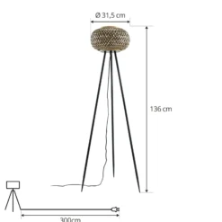 Lámpara de pie Lindby Nerys, negra, bambú, Ø 31,5 cm, trípode