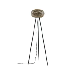 Lámpara de pie Lindby Nerys, negra, bambú, Ø 31,5 cm, trípode