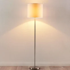 Lámpara de pie Lindby Parsa, blanca, textil, altura 167 cm, E27