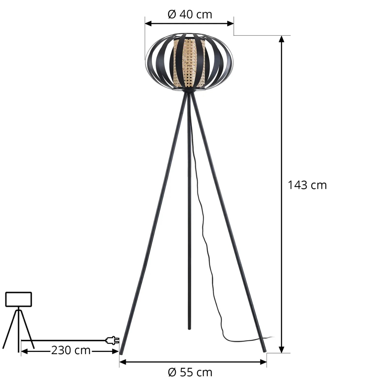 Lámpara de pie Lindby Tamira, negra, ratán, 143 cm de altura, E27