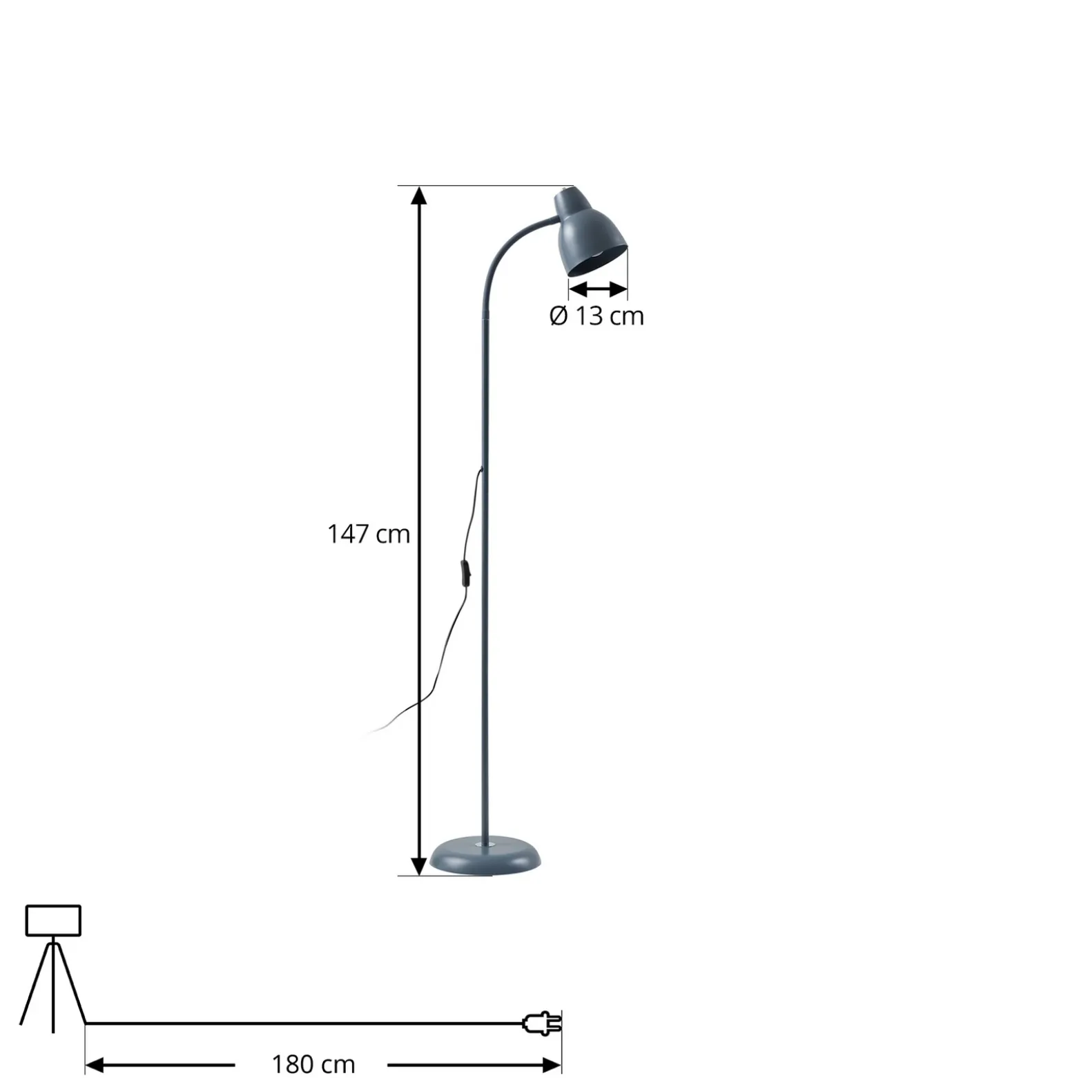 Lámpara de pie Lindby Tebbi, gris, metal, altura 150 cm