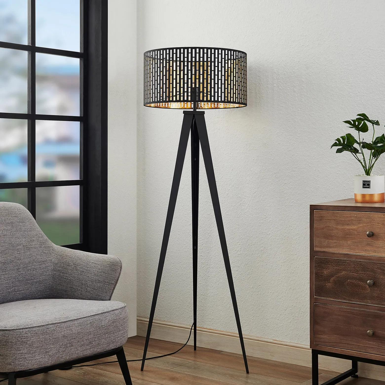 Lámpara de pie Lindby Thoralf, trípode, negro, textil, Ø50cm