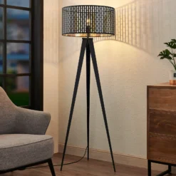 Lámpara de pie Lindby Thoralf, trípode, negro, textil, Ø50cm