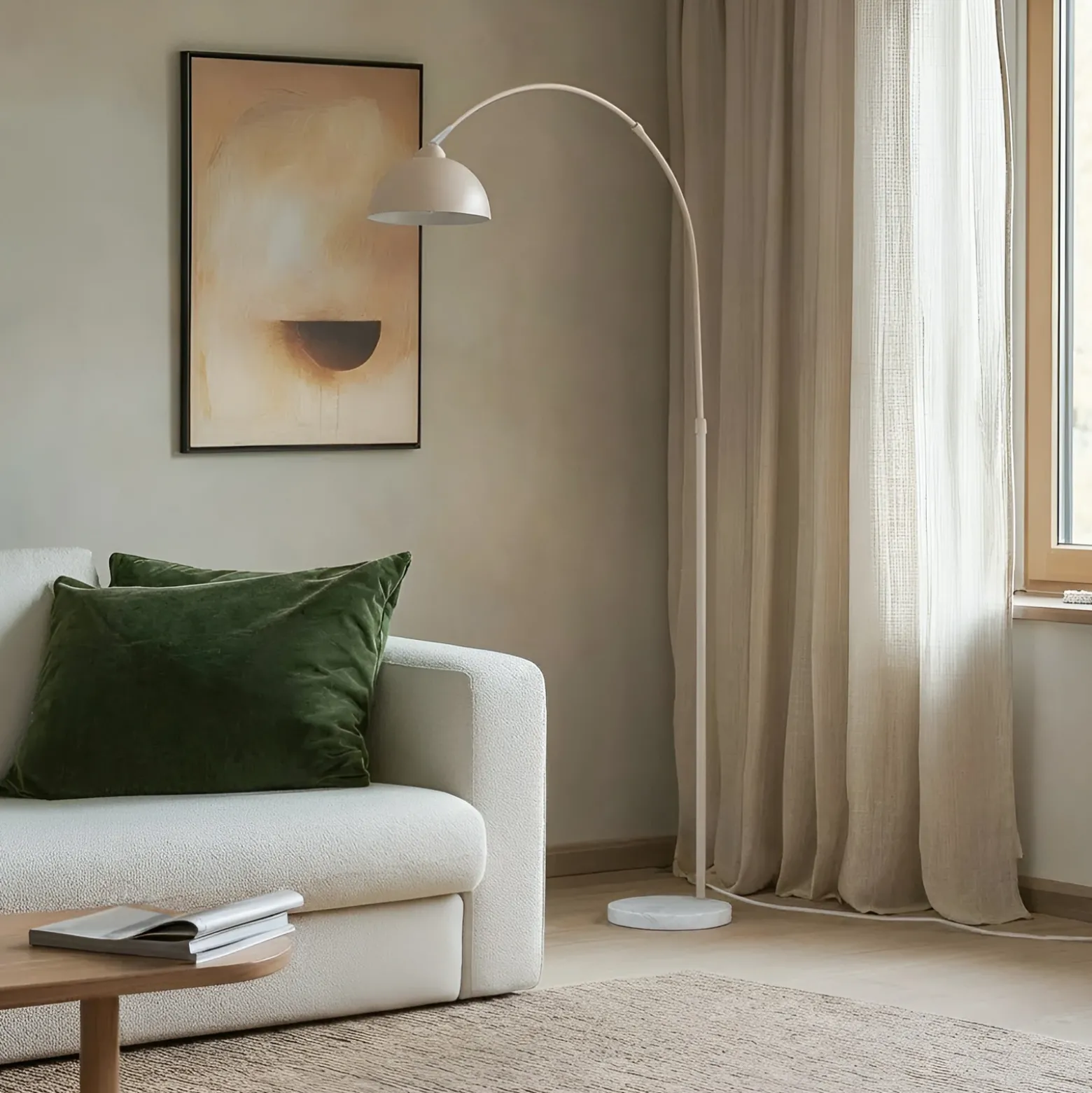 Lámpara de pie Lindby Tonka, beige, metal/mármol, 185 cm, E27