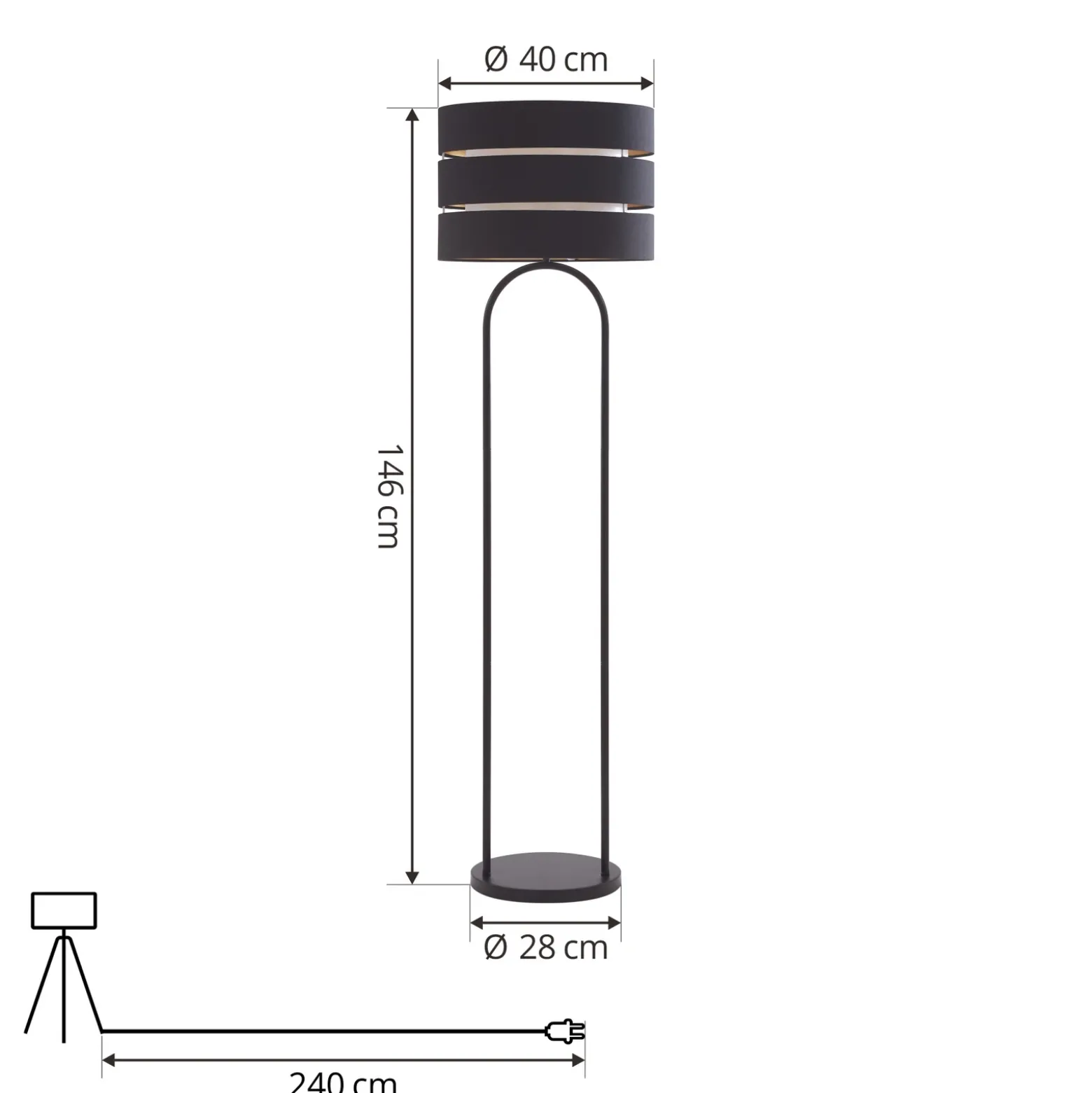 Lámpara de pie Lindby Tsomo, Ø 40 cm, negra, tela, E27