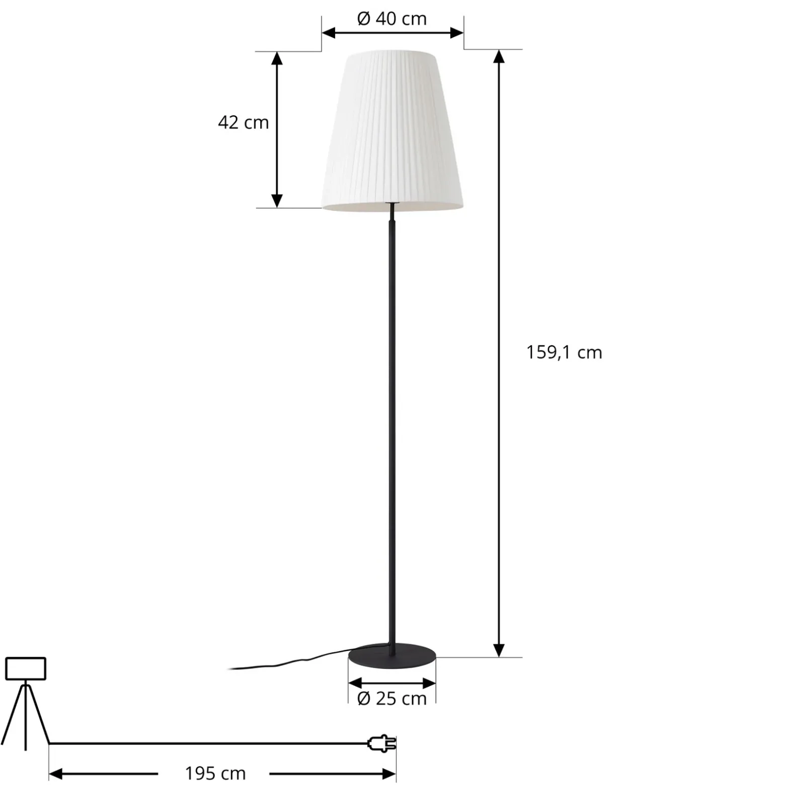 Lámpara de pie Lindby Virelle, negro/blanco, textil, altura 170 cm