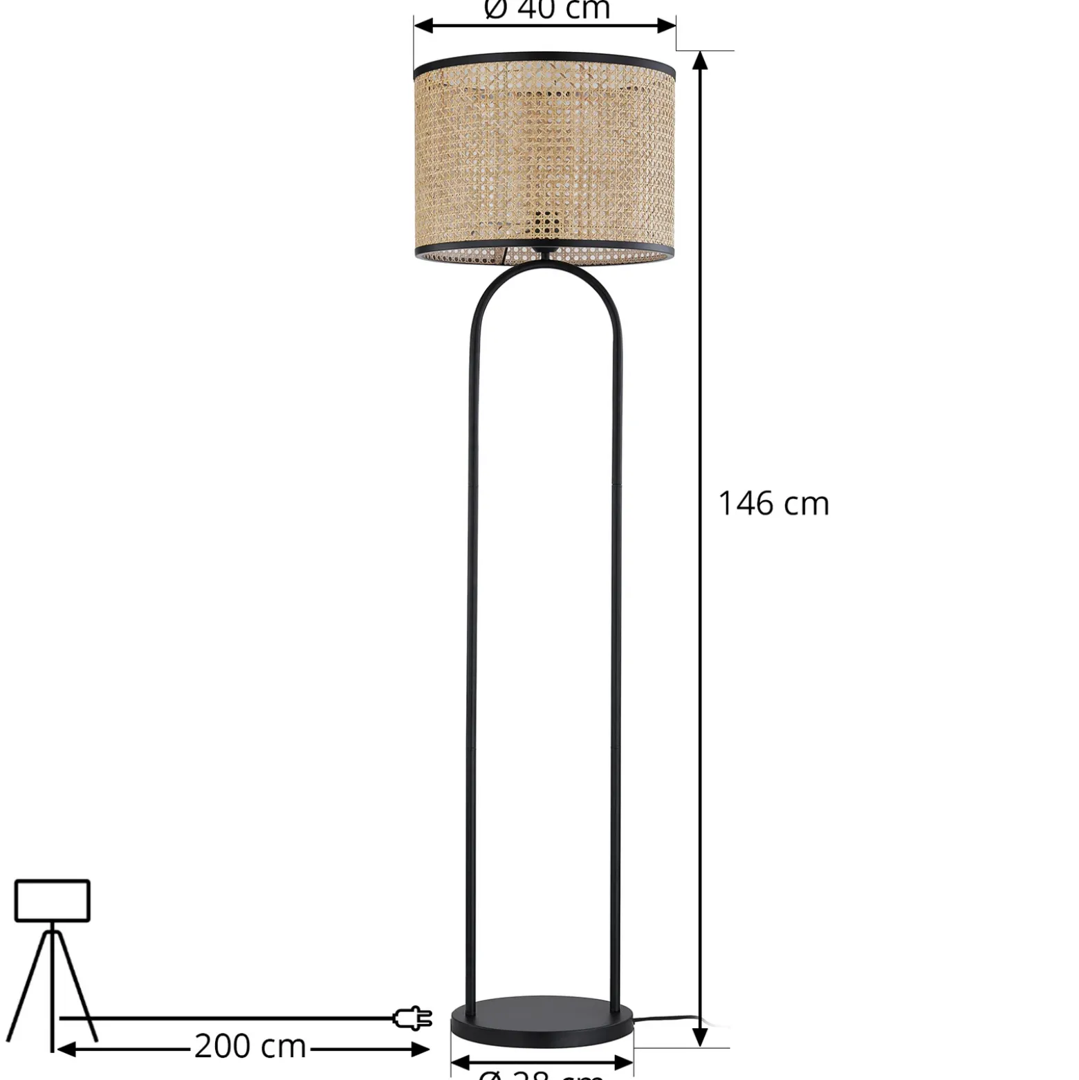 Lámpara de pie Lindby Yaelle, 146 cm de altura, ratán, negro, E27
