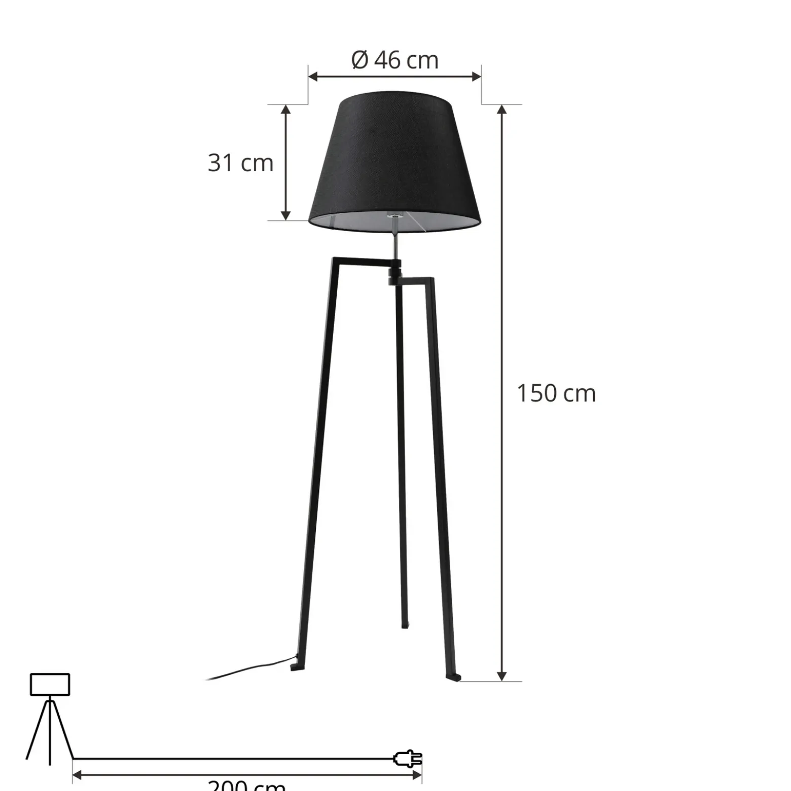 Lámpara de pie Lucande Amona, negra, textil, 150 cm, trípode
