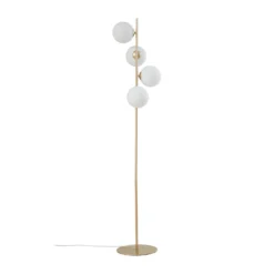 Lámpara de pie Lucande Isandro, ópalo/oro, 4 luces, cristal/metal