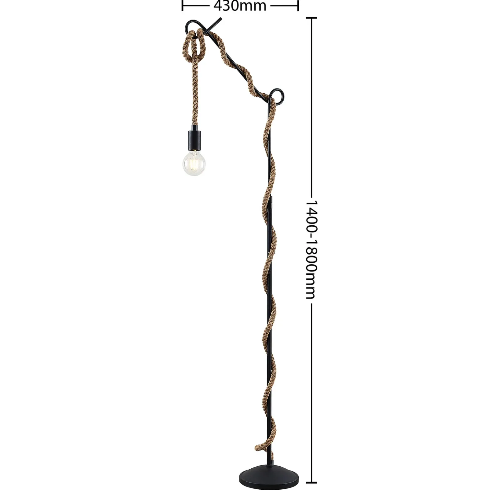 Lámpara de pie Lucande Ropina, altura 180 cm, negro, cuerda de cáñamo