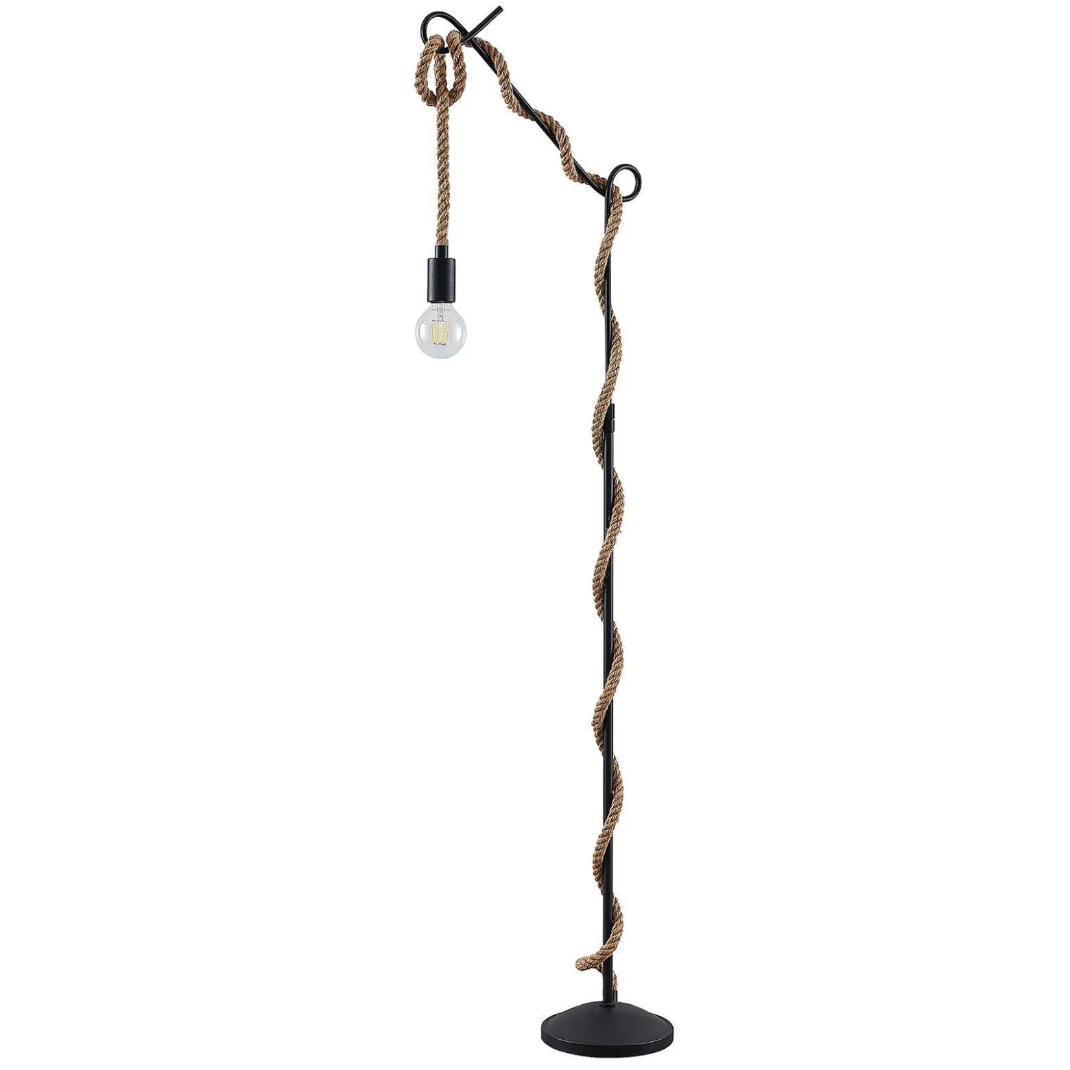 Lámpara de pie Lucande Ropina, altura 180 cm, negro, cuerda de cáñamo